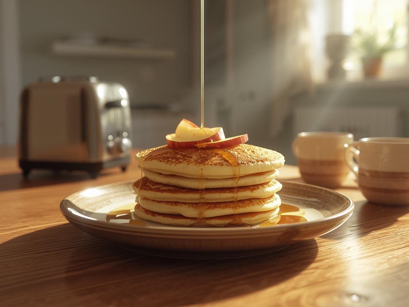Homemade yogurt and apple pancakes served on a plate on a kitchen table